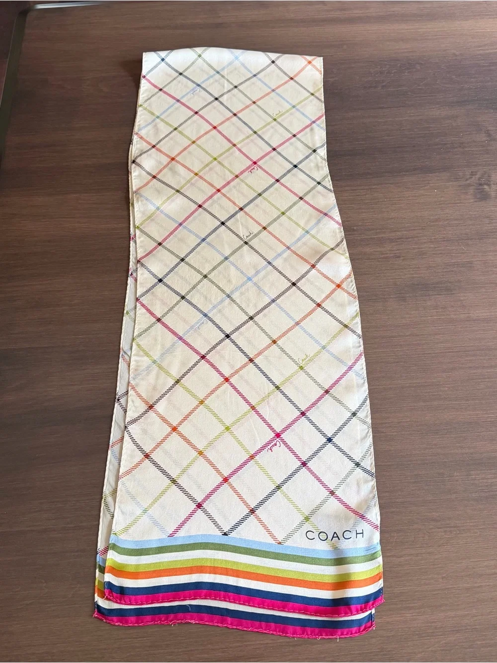 Coach 100% Silk Multicolor Plaid Oblong Scarf 60 x 10